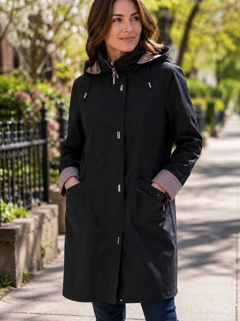 JONES NEW YORK Black Hooded Trench Coat Raincoat Jacket Size M Water Resistant